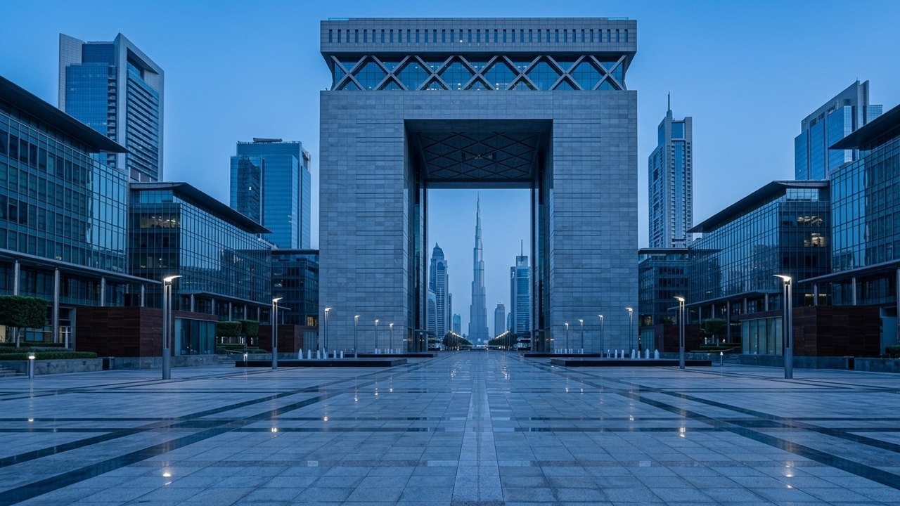 The Dubai skyline at dusk