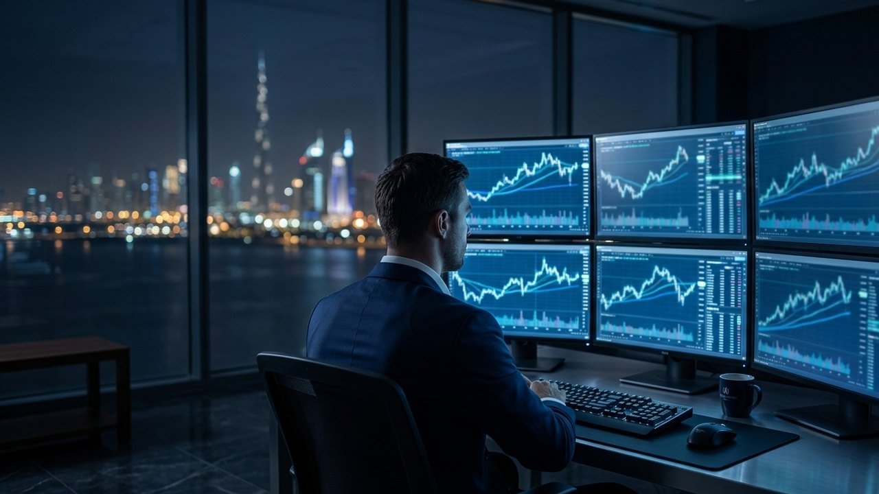 A trader reviewing Forex charts on a multi-monitor desk